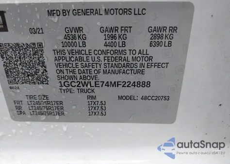 2021 Chevrolet Silverado 2500Hd 2Wd Standard Bed Wt from USA, damaged, VIN 1GC2WLE74MF224888